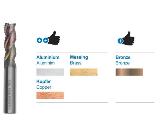 3-skärig fräsverktyg med coating som passar för att grovfräsa i koppar, mässing och alu